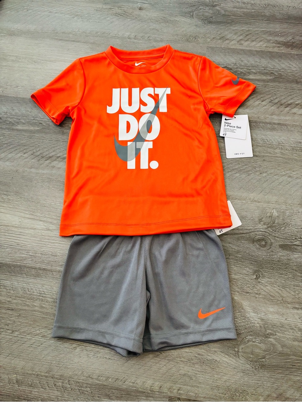 NEW Nike Orange & Gray Just Do It Activewear Athletic Dri-fit Tee and Shorts Set